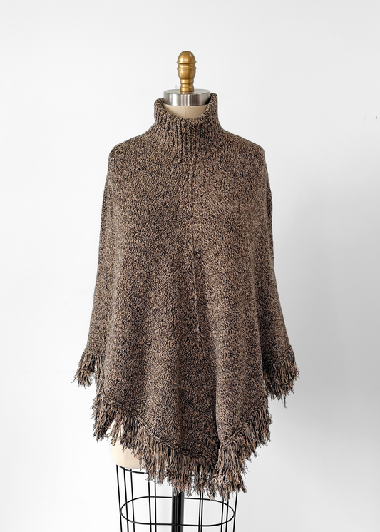 Pria Brown & Black Marled 100% Cotton Fringe Knit Poncho