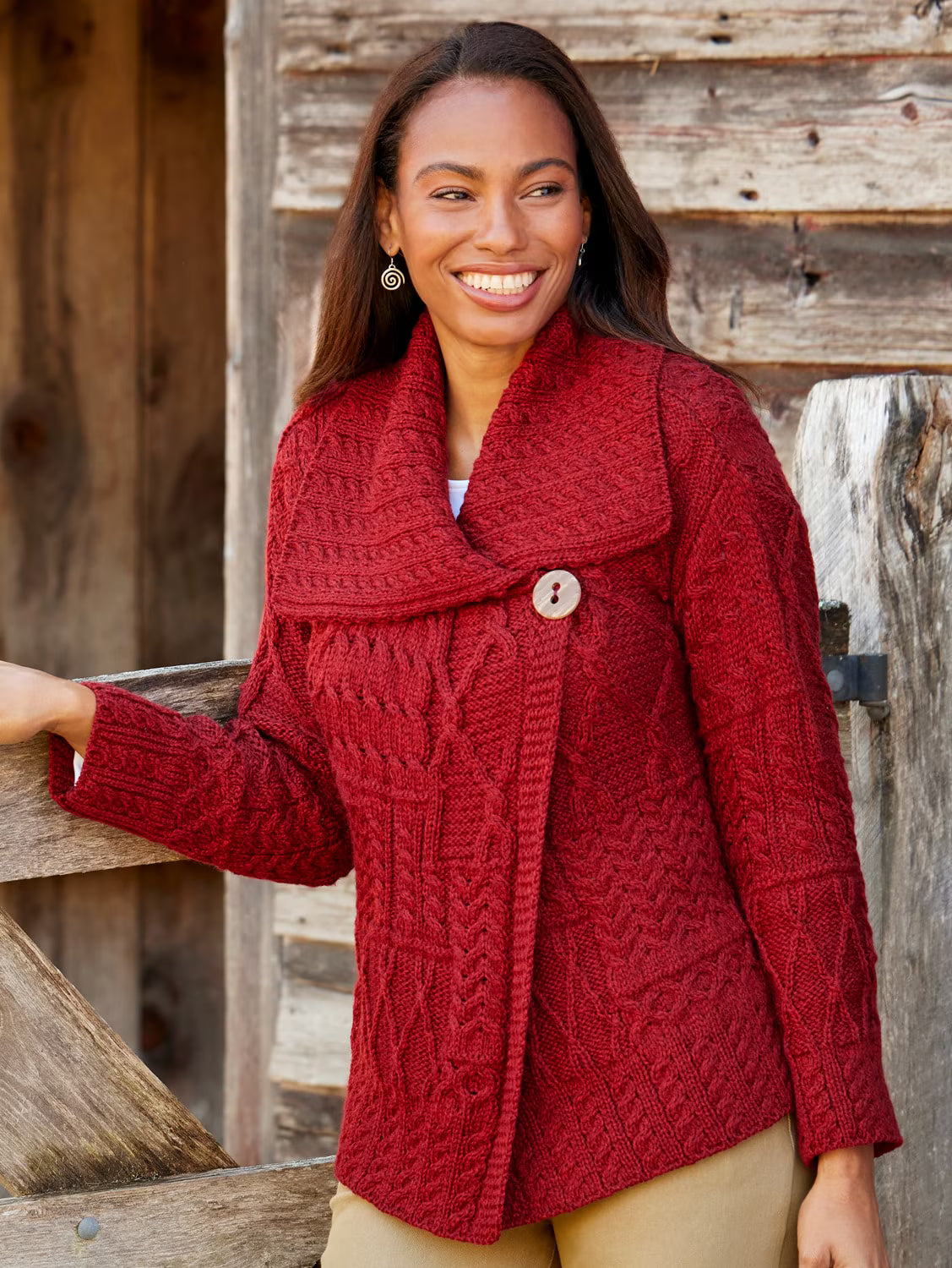 Aran Carraig Donn Irish Cranberry Red 100% Merino Wool Button Knit Sweater