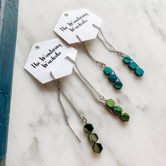 Hexagon Geometric Silver Thread Drop Earrings (2 options)