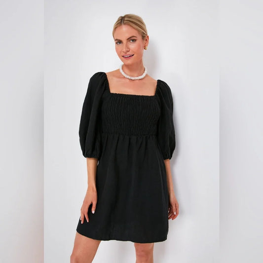 Tuckernuck Annie Linen Smocked Balloon Sleeve Black Dress (S)