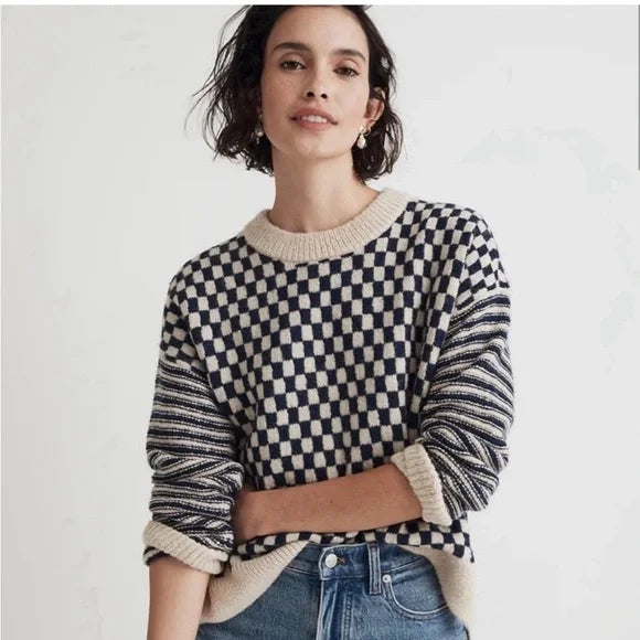 NEW Madwell Crewneck Sweater in Navy Checked Stripe (S)