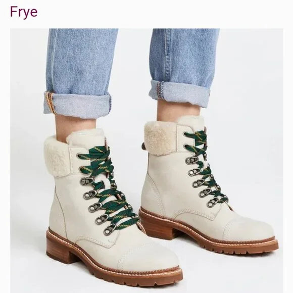 Frye Samantha Hiker Combat in Ivory Leather Shearling and Green Laces Winter Boots (7.5)