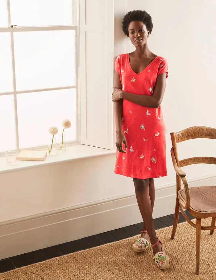 Boden Bright Red Polly Parrot Embroidered Sun Dress (4P or S)