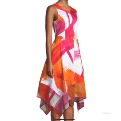 Donna Karan Pink and Orange Abstract Handkerchief Hem Zip Front Dress (4)