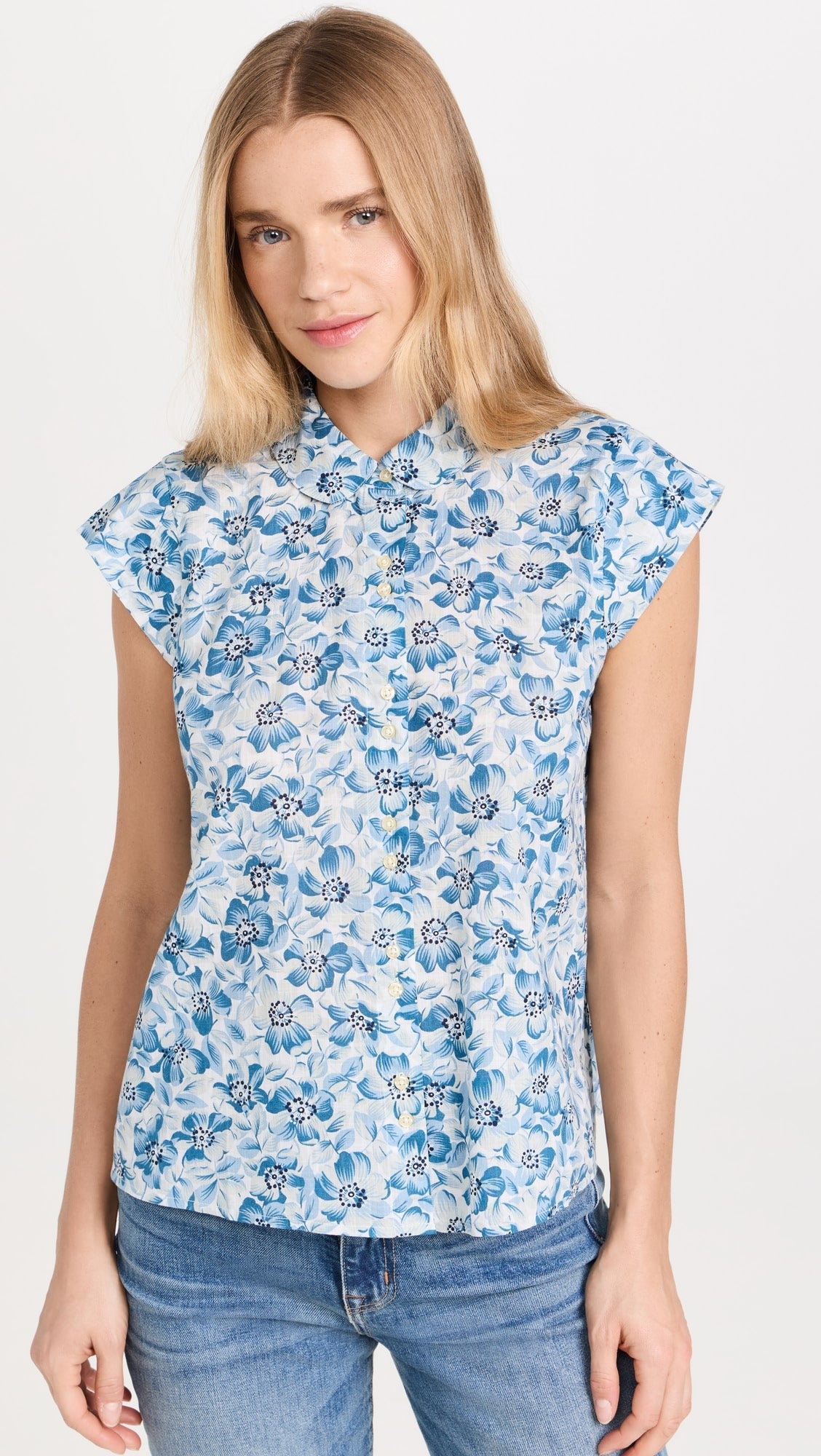 THE GREAT. The Wren Blue Floral Button Down Top