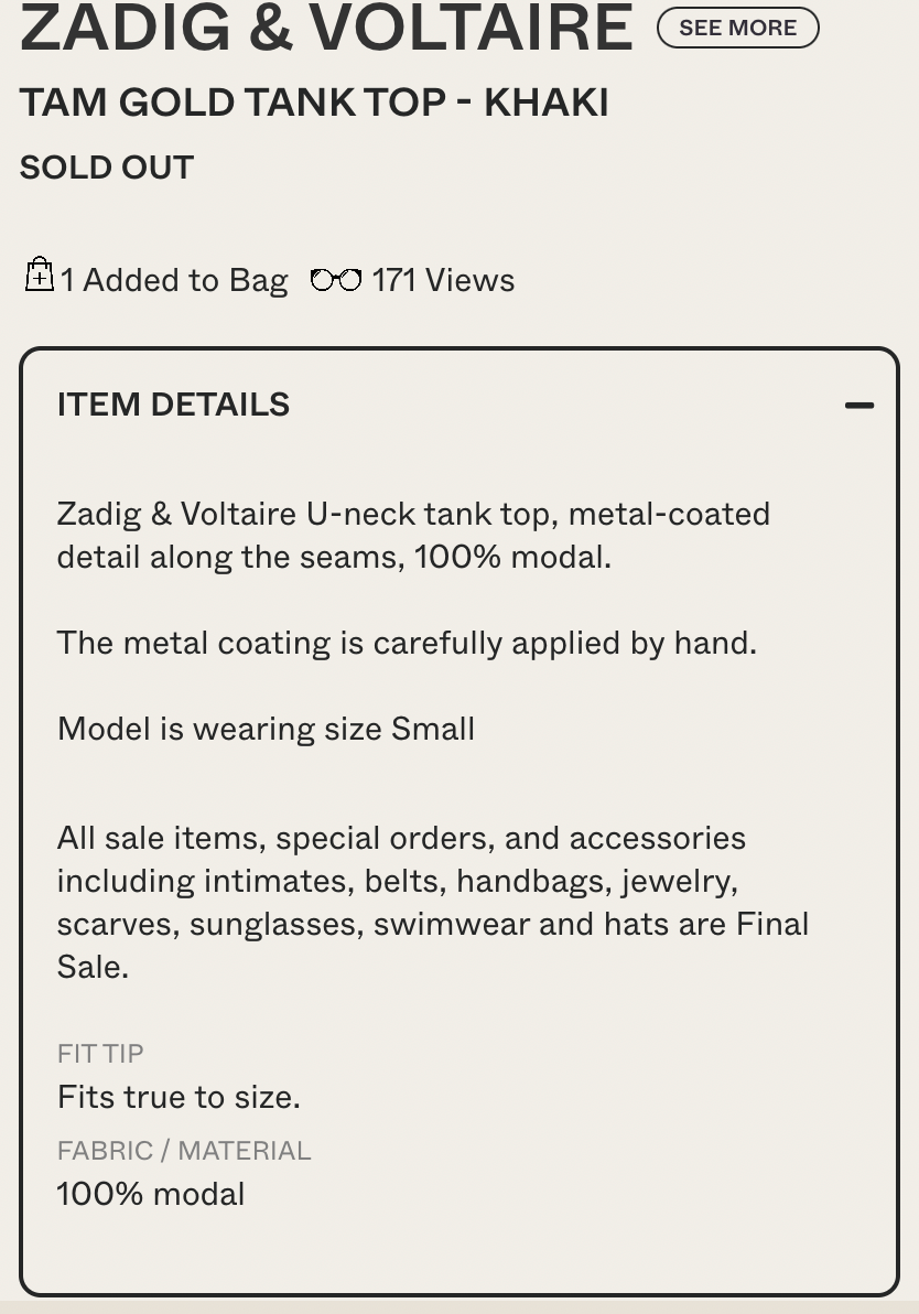 Zadig & Voltaire Metallic Trim ‘ Tam ‘ Tank (M)