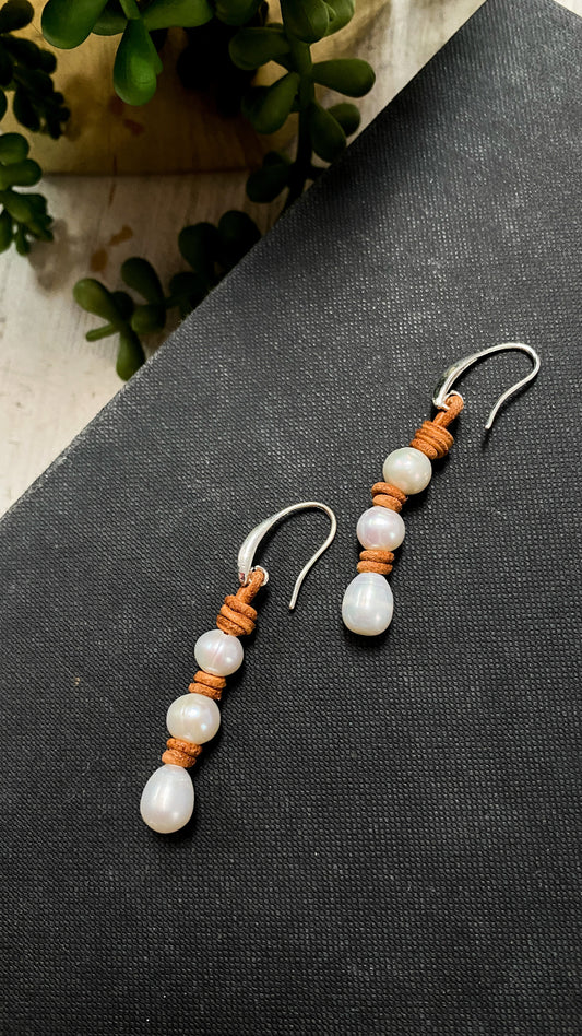 Freshwater Pearl & Leather Handmade Earrings