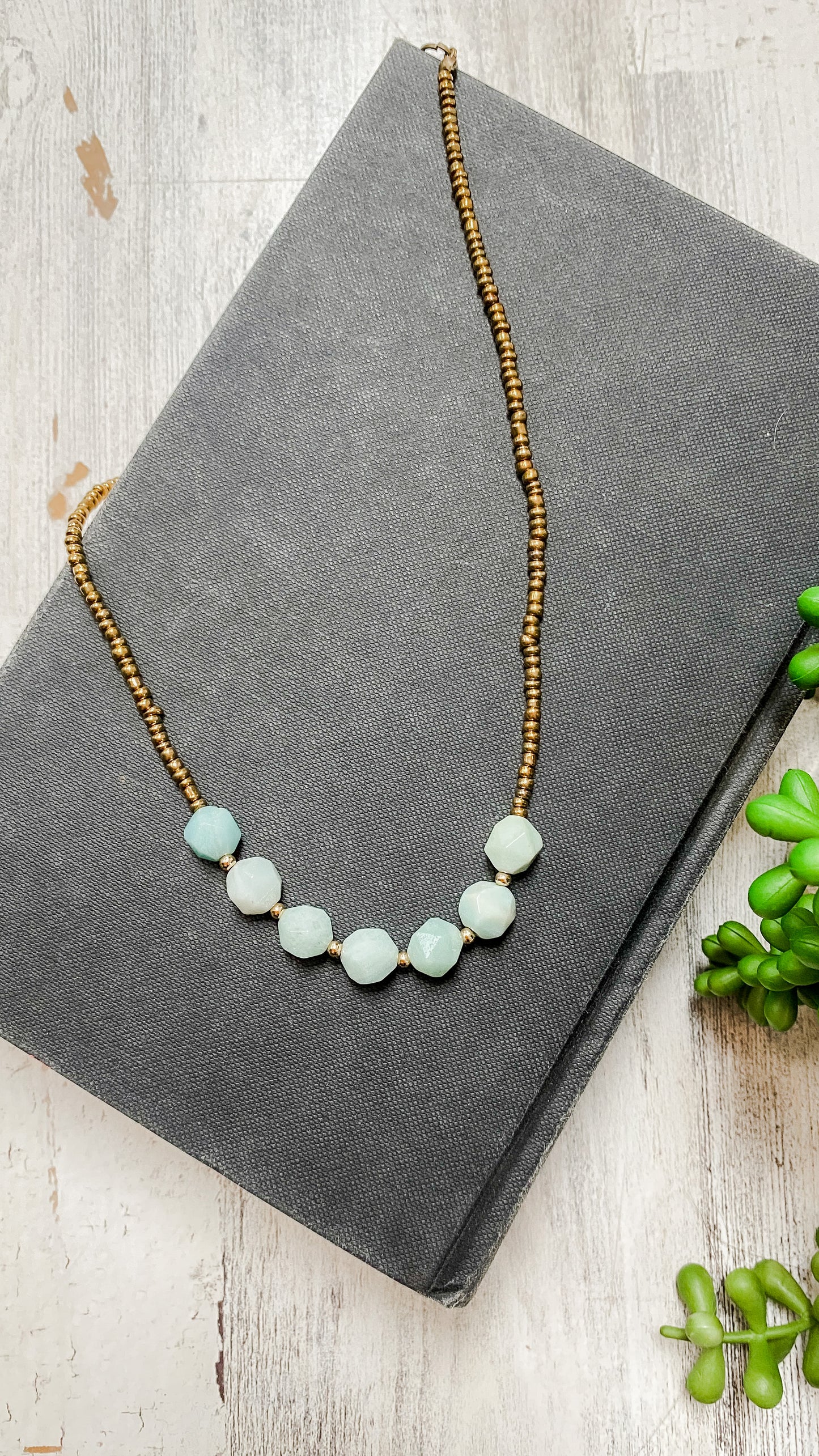 Natural Stone & Bronze Bead Short Handmade Necklace