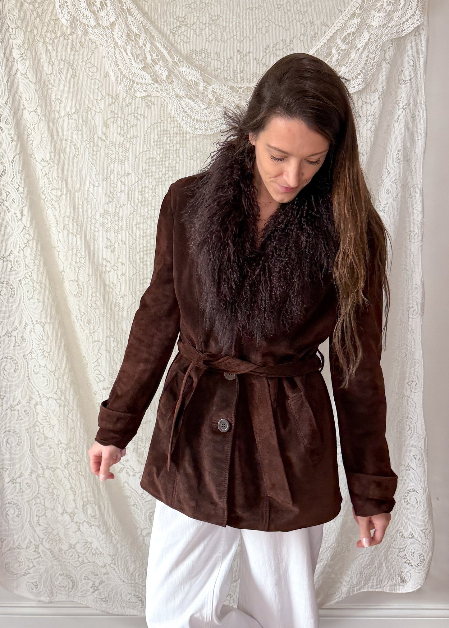 Vintage Chocolate Brown Suede Leather & Mongolian Lamb Fur Collar Penny Lane Coat (M)