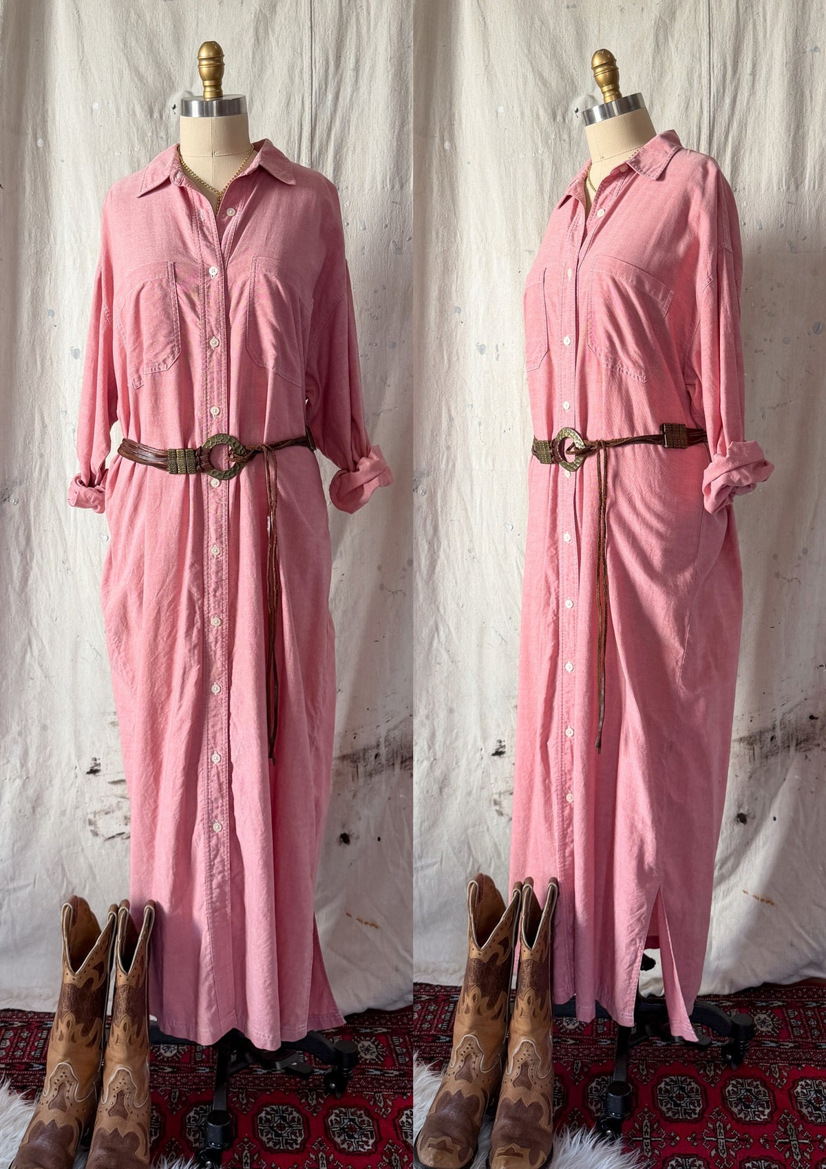 Vintage 90s Eddie Bauer Red Chambray Maxi Shirt Dress (L)