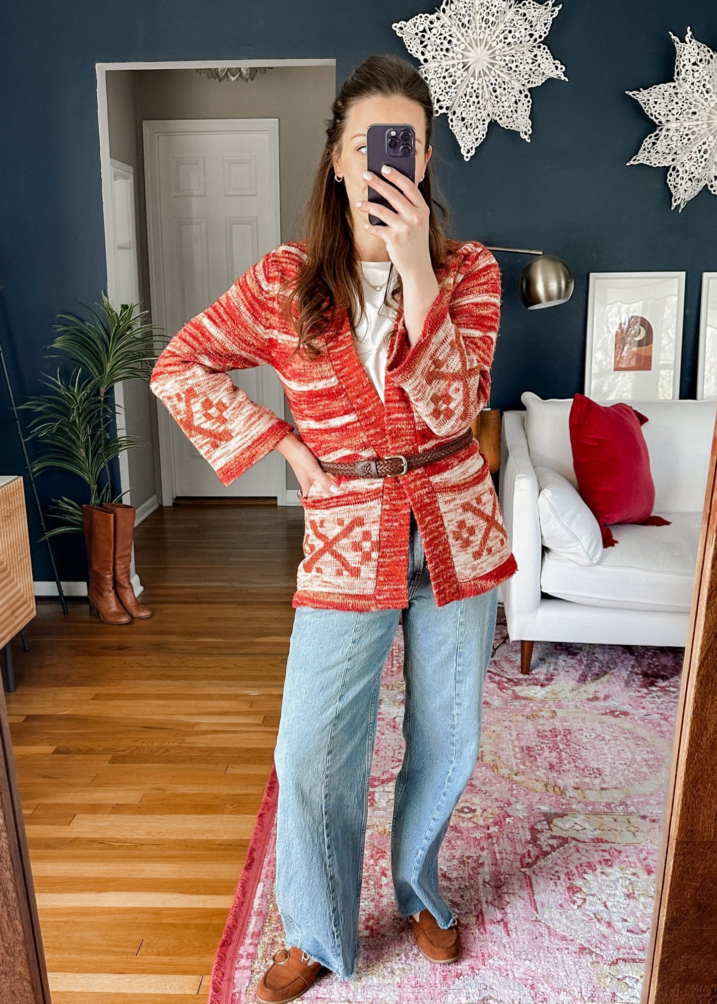 Vintage 70s Orange & Red Marbled Knit Cardigan (S)