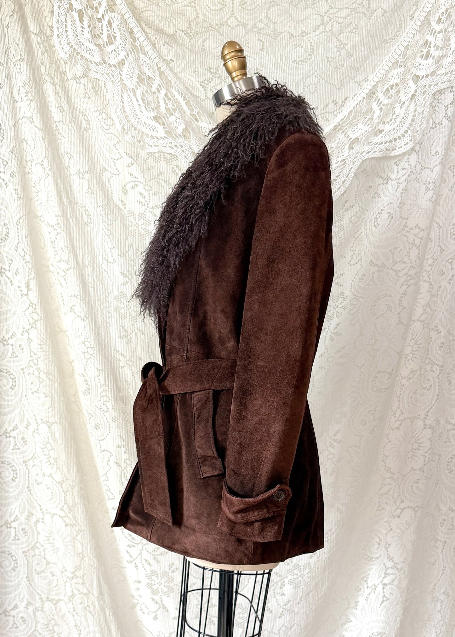 Vintage Chocolate Brown Suede Leather & Mongolian Lamb Fur Collar Penny Lane Coat (M)
