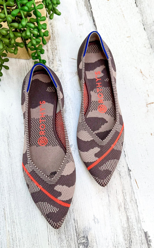 NEW Rothy’s Taupe Camo & Orange Neon Stripe Point Flat Shoes (8)