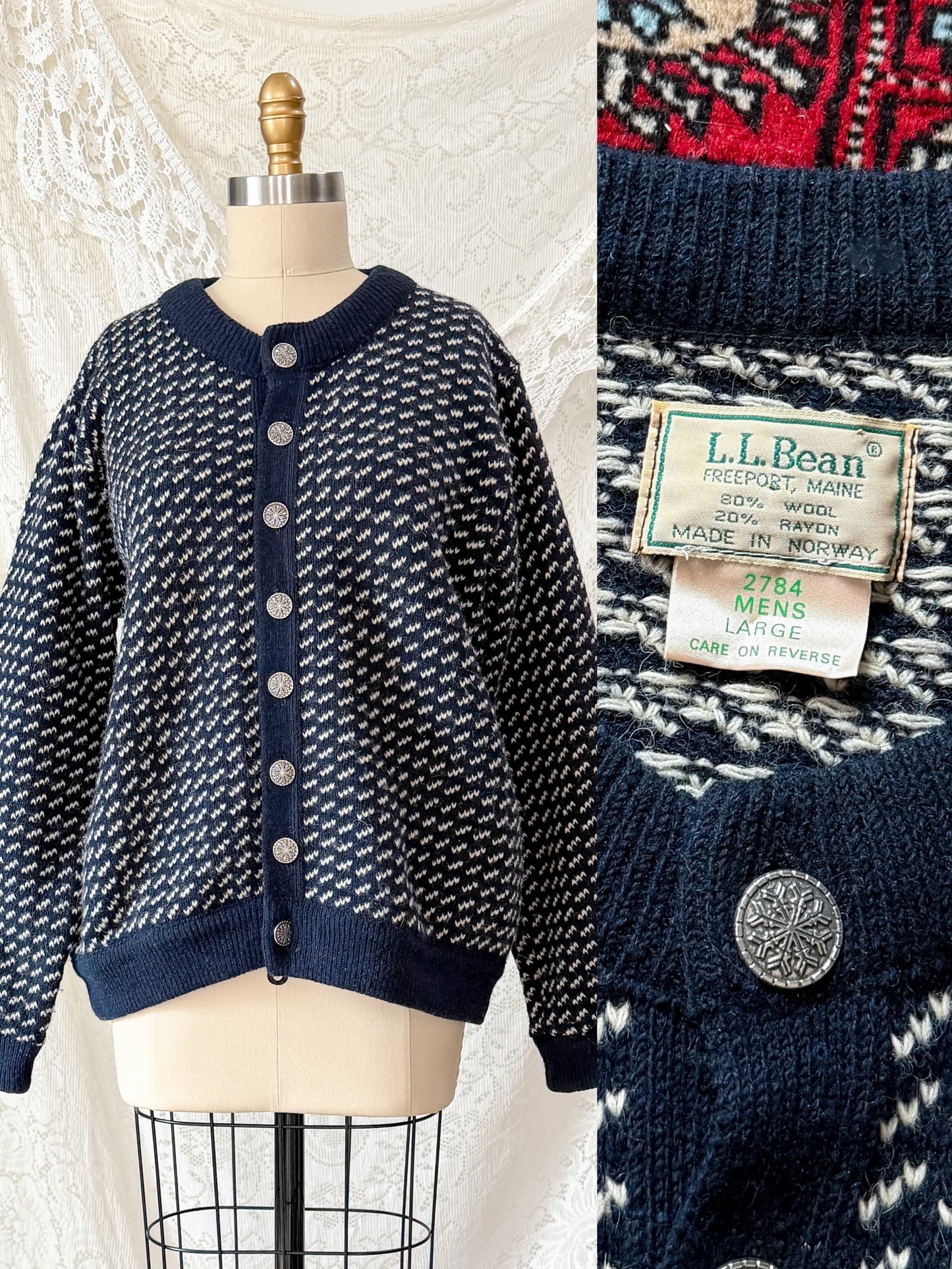 Vintage L.L.Bean Norwegian Wool Cardigan Sweater Navy Fair Isle Sweater (men's L)