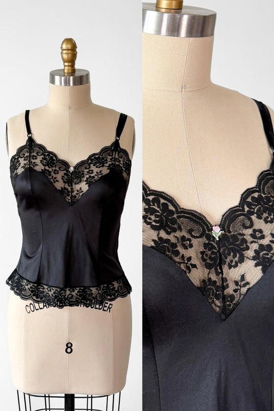 Vintage 80s Black Lace Rosette Lingerie Camisole Top (34 or S)