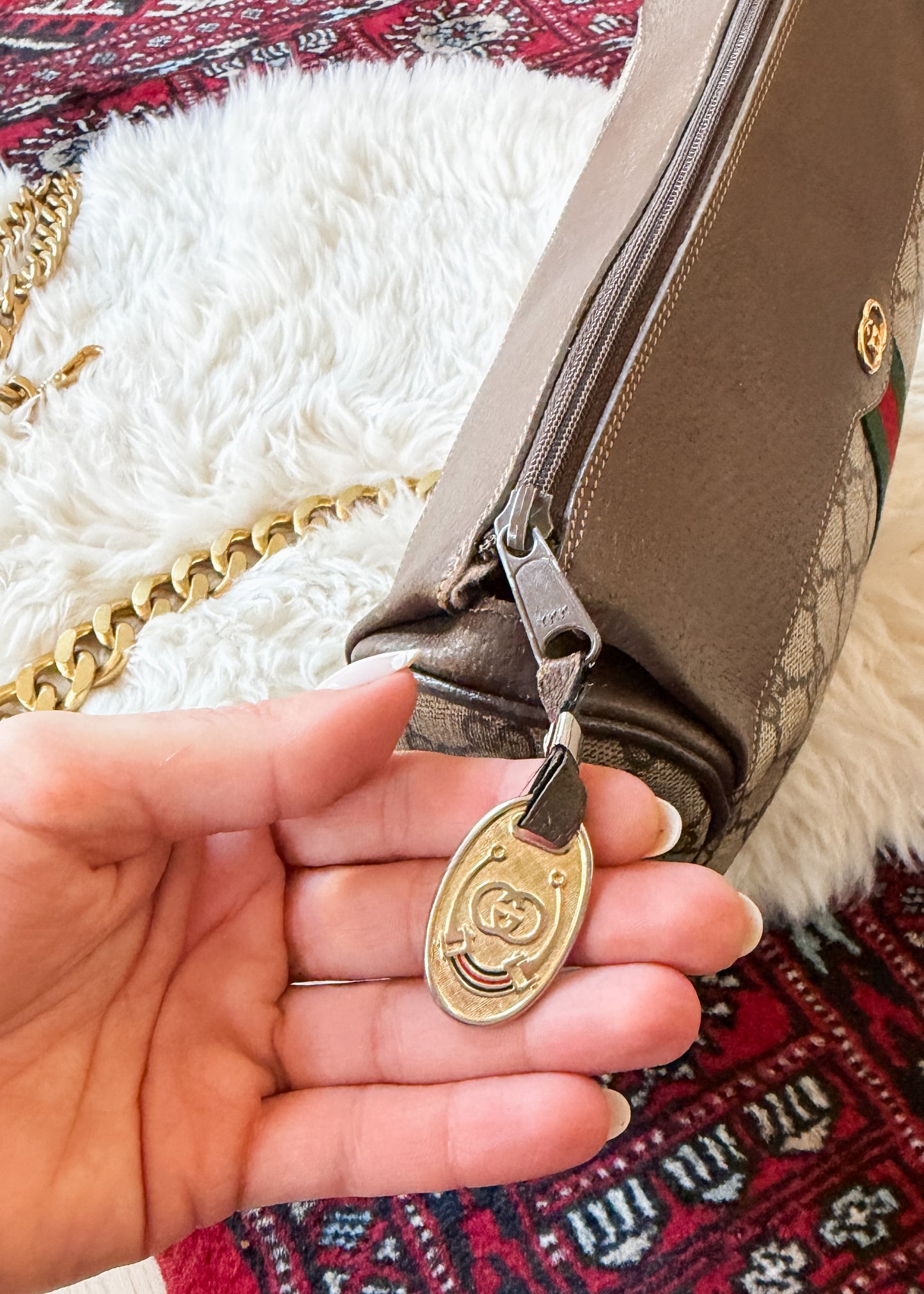 Vintage 80s Gucci Sherry Line GG Brown Shoulder Bag Purse + Gold Shoulder Chain