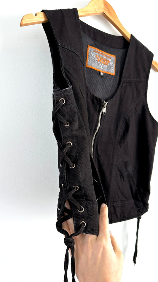 Biker Moto Black Laced Denim Vest (L/XL)