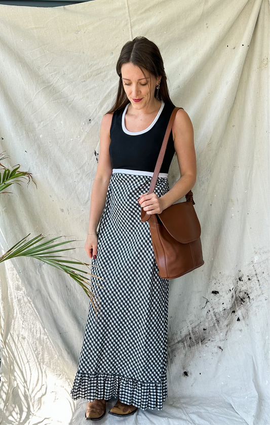 Vintage 70s Black & Dark Blue Gingham Maxi Dress (S)