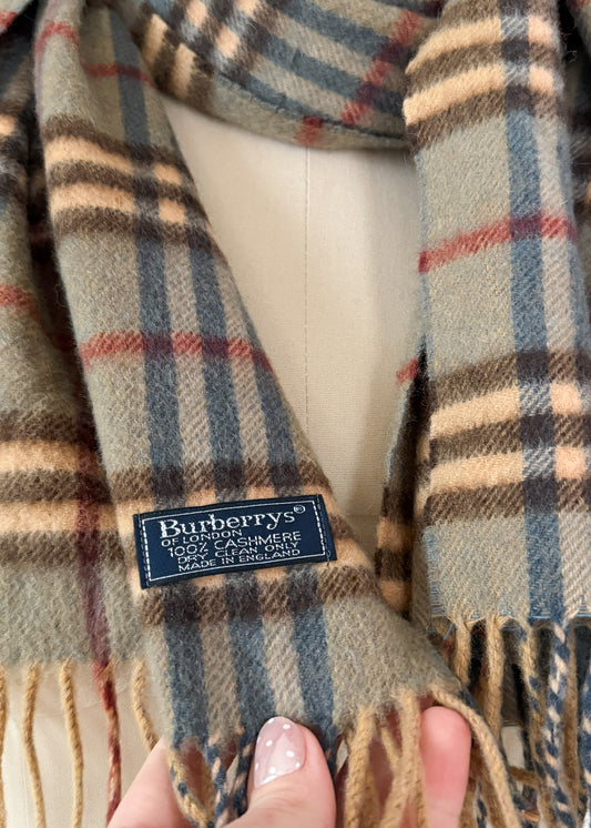 Vintage 90s Burberrys of London 100% Cashmere Olive Blue Nova Check Scarf