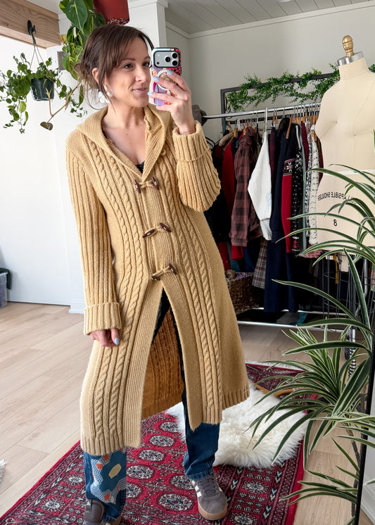 Vintage 70s Collectables Camel Brown Wooden Button Long Hooded Cardigan