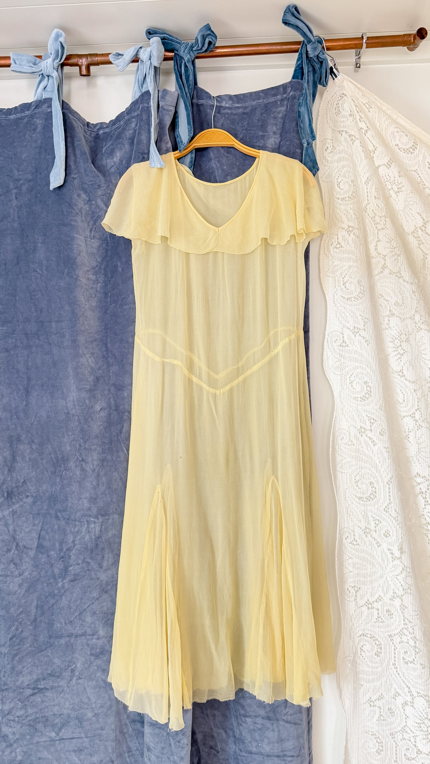 1930s Butter Yellow Silk Chiffon Bias Cut Dress
