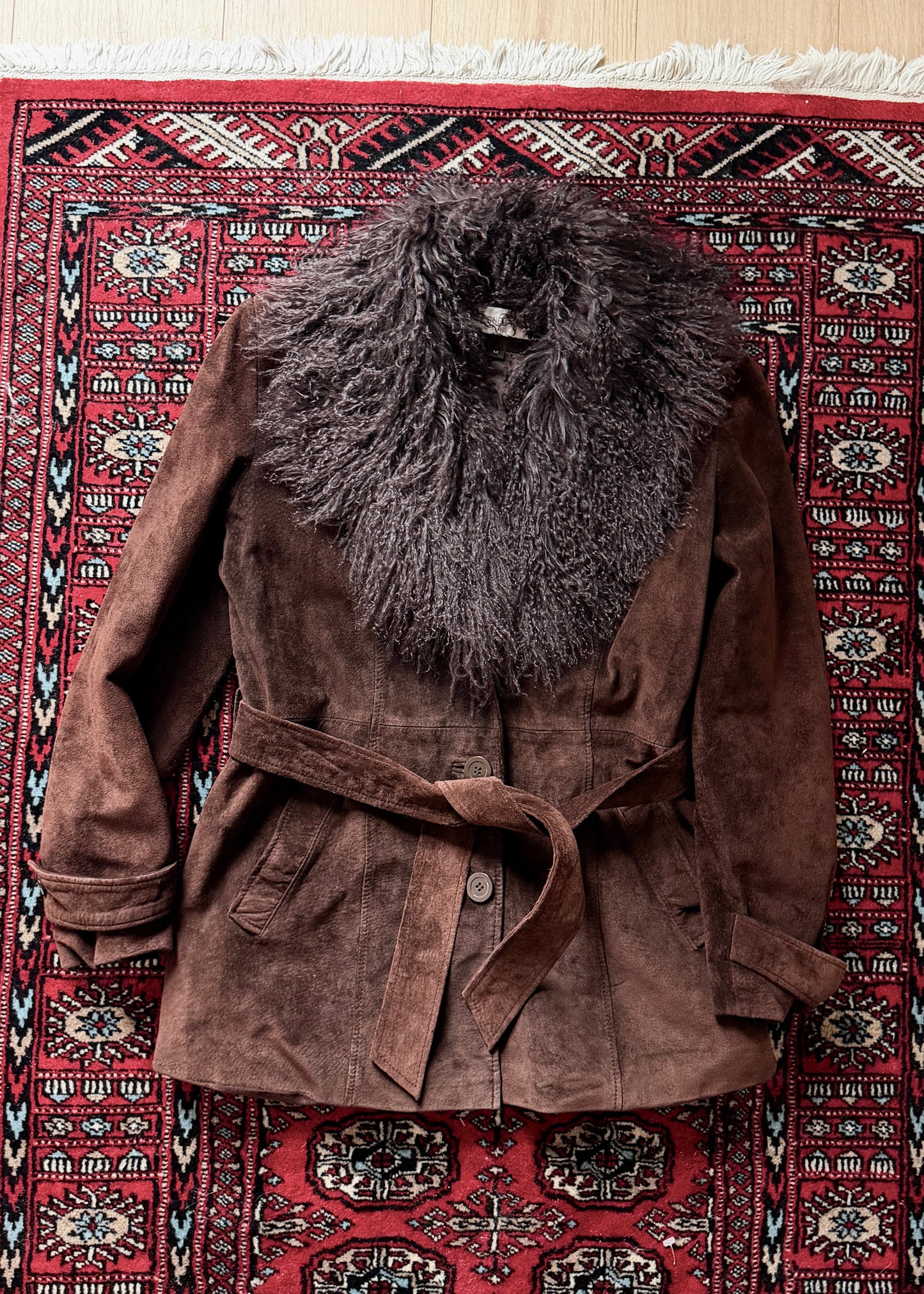 Vintage Chocolate Brown Suede Leather & Mongolian Lamb Fur Collar Penny Lane Coat (M)