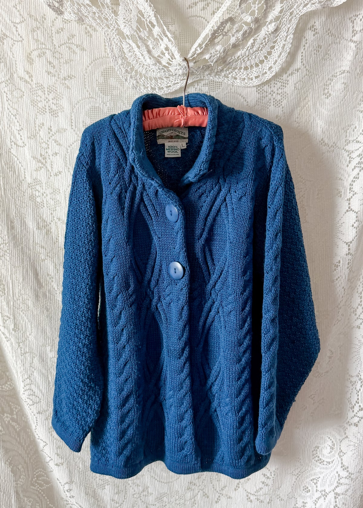 Vintage Aran Crafts Ireland Teal Blue Wool Cable Knit Cardigan Jacket (L)