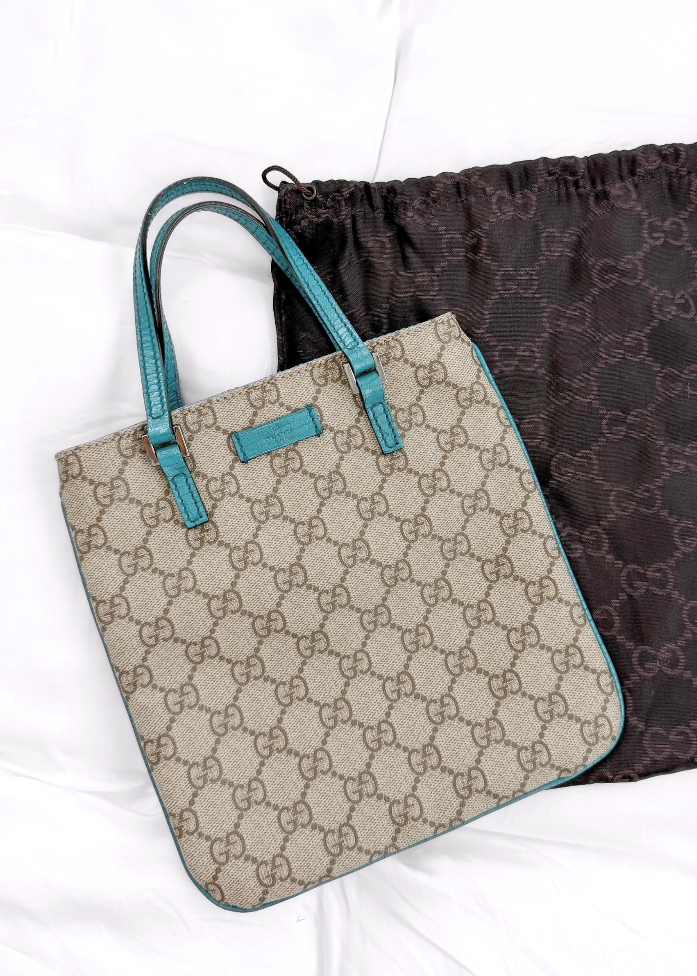 *Rare* Vintage Gucci GG Supreme Mini Handbag PVC Leather Beige Teal Turquoise Blue Trim Purse