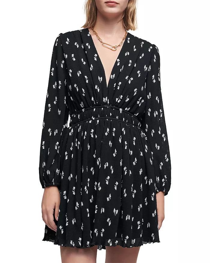 Maje Rionana V-Neck Bow Print Mini Dress (42 or US L)