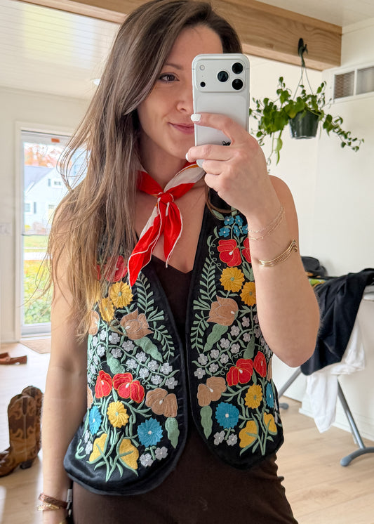 Vintage 90s Mary McFadden Black Floral Embroidered Vest (L)