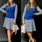 Vintage 1970s Blue Houndstooth Contrast Pointed Collar Pleated Skirt Dress (S/M)