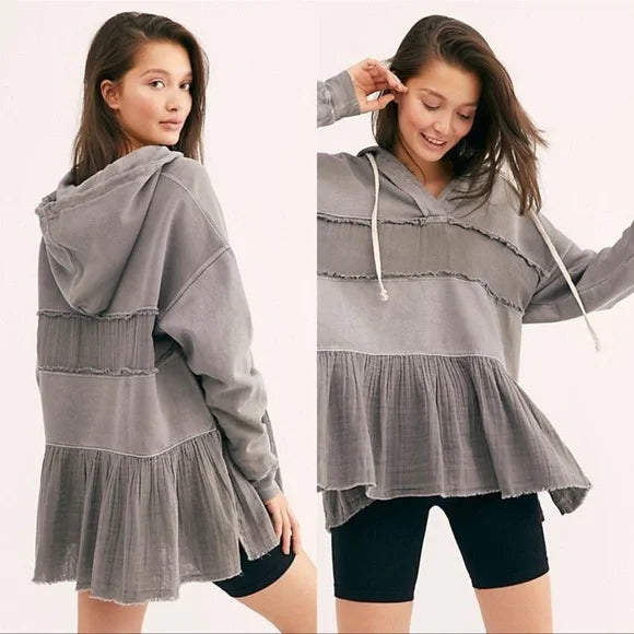 Free People Sail Away Gray Gauze Tiered Hooded Tunic