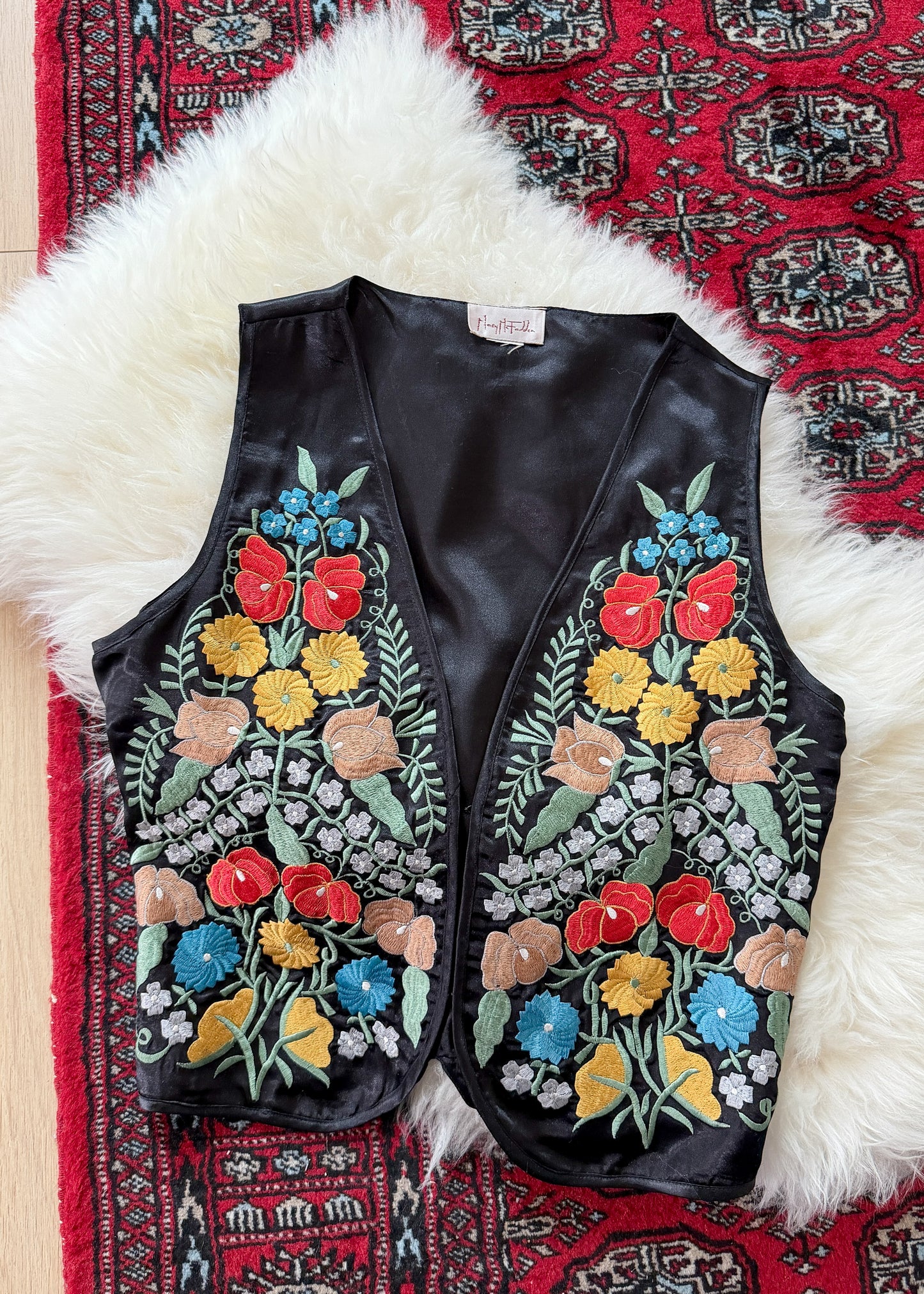 Vintage 90s Mary McFadden Black Floral Embroidered Vest (L)