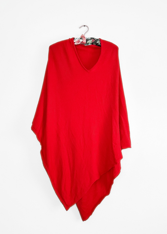 La Marey True Red 100% Cashmere Knit Poncho Cape