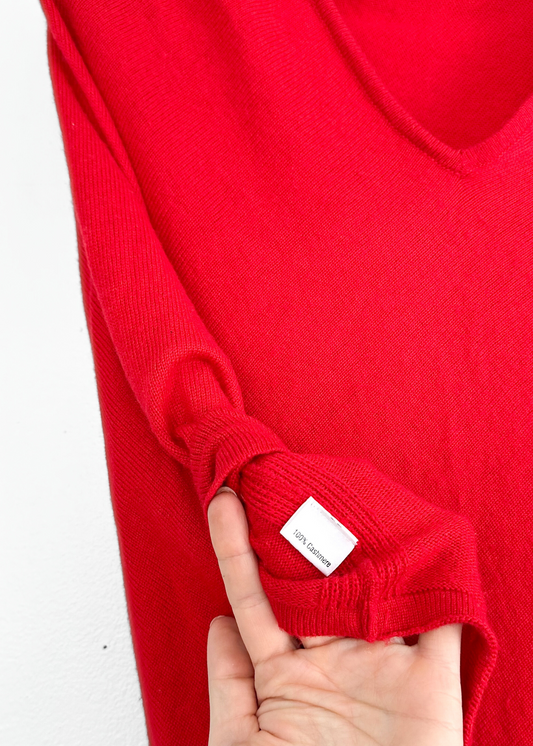 La Marey True Red 100% Cashmere Knit Poncho Cape