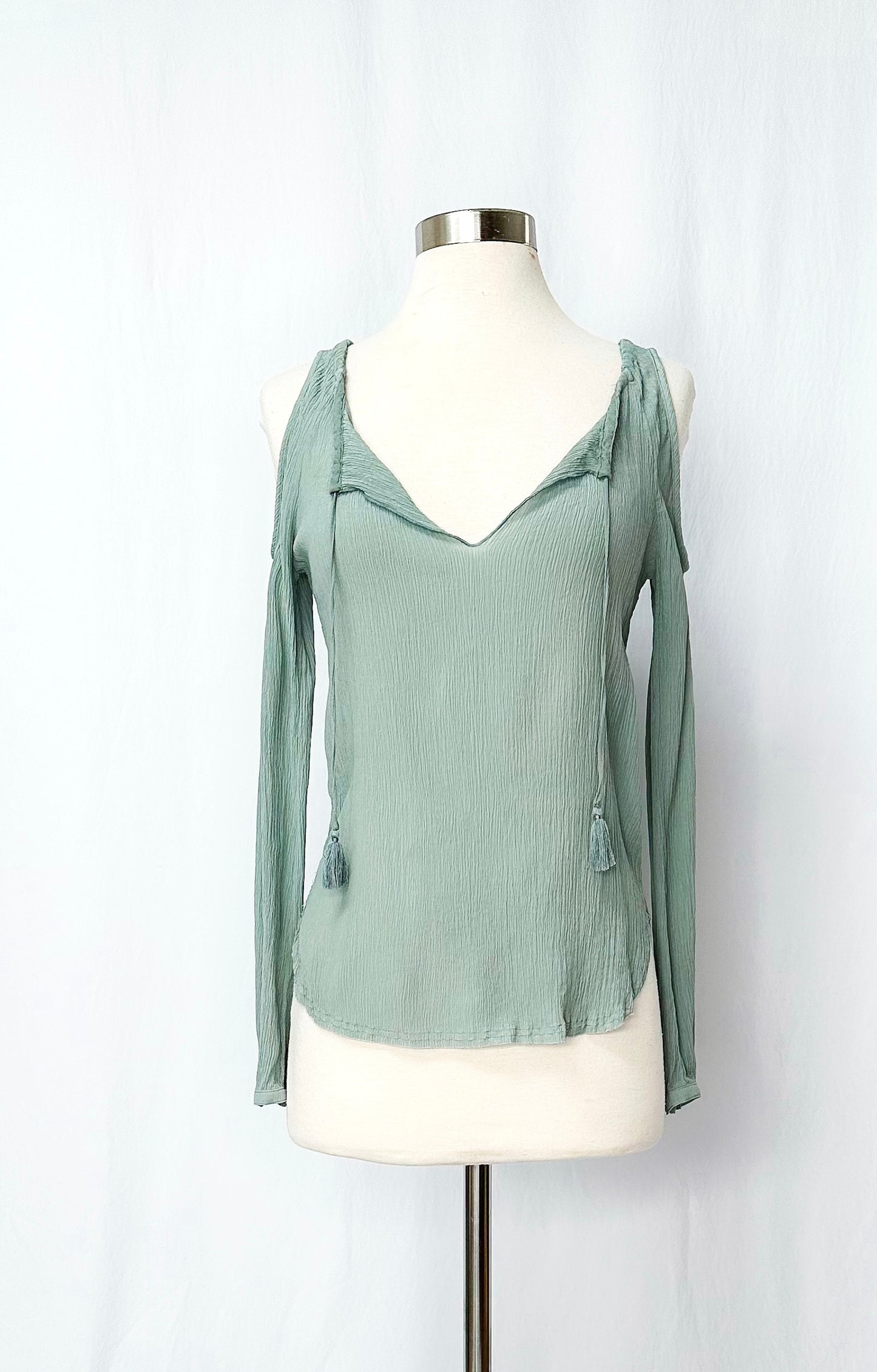 Go> by Gosilk Light Teal Cold Shoulder Washable Silk Peasant Top (S)