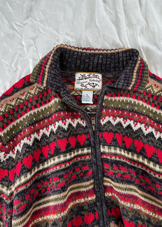 Vintage 2002 Heirloom Collectibles Heart Stripe Knit Zip Cardigan (XL)