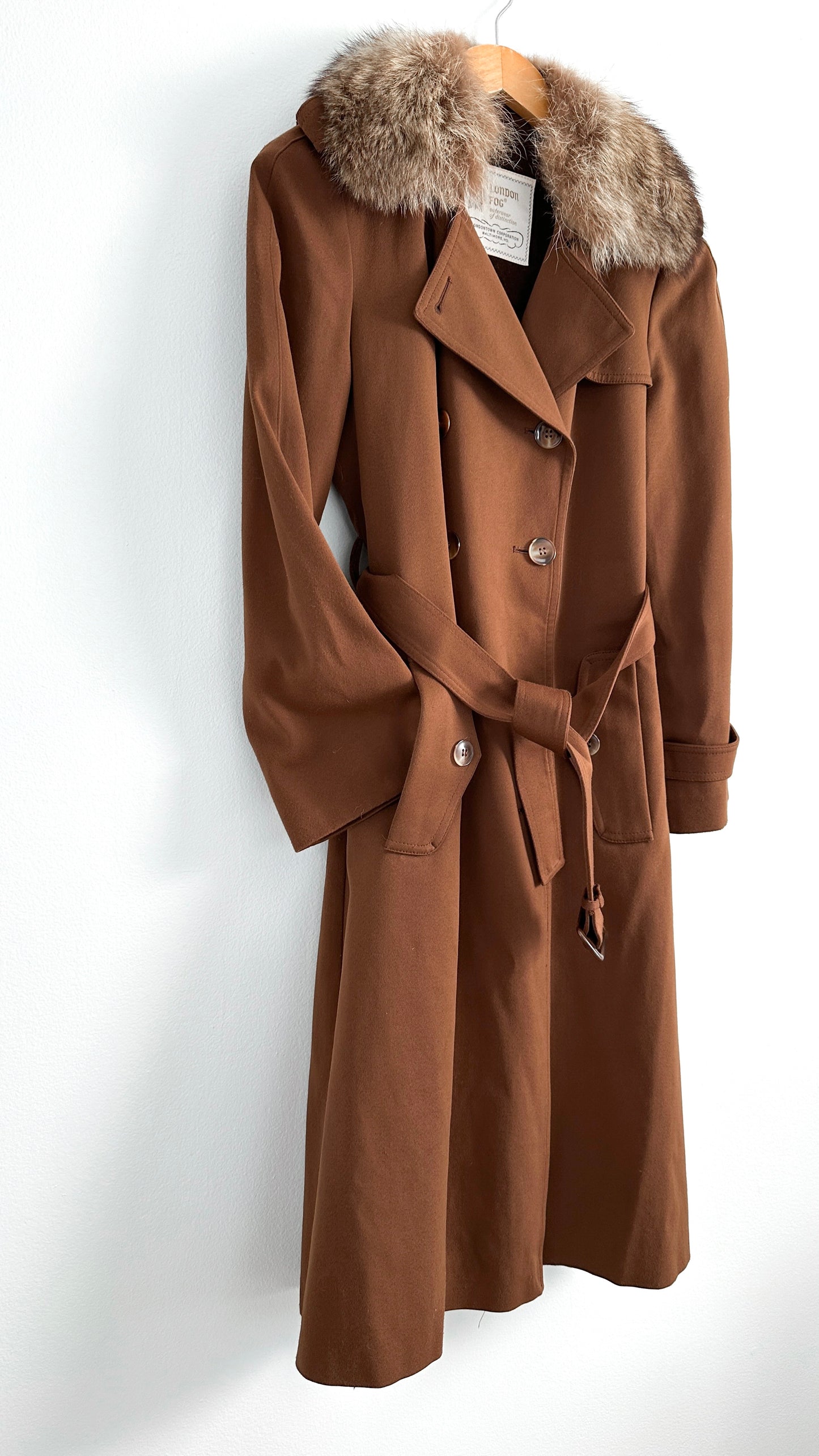 Vintage 70s London Fog Brown Long Trench with Fur Collar Winter Coat (S)