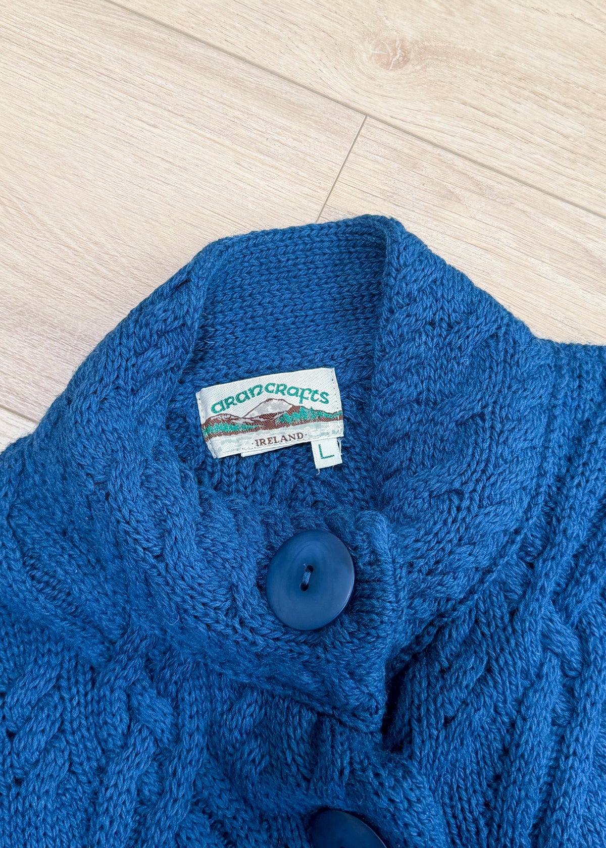 Vintage Aran Crafts Ireland Teal Blue Wool Cable Knit Cardigan Jacket (L)