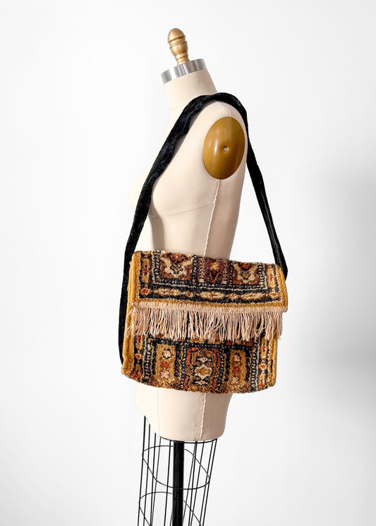 Vintage 70s Golden Yellow Brown Tapestry Fringe Trim Shoulder Purse