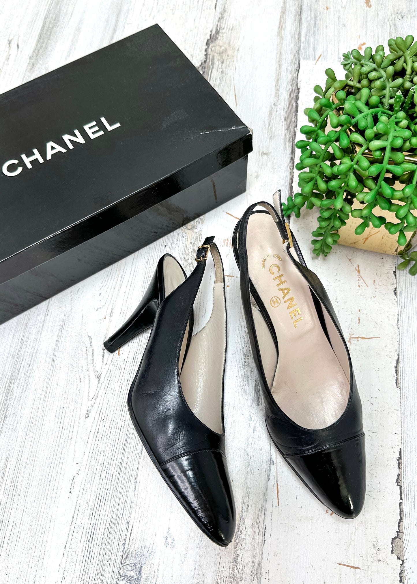 Vintage Chanel Black Leather Cap Toe Slingback Heels (38)