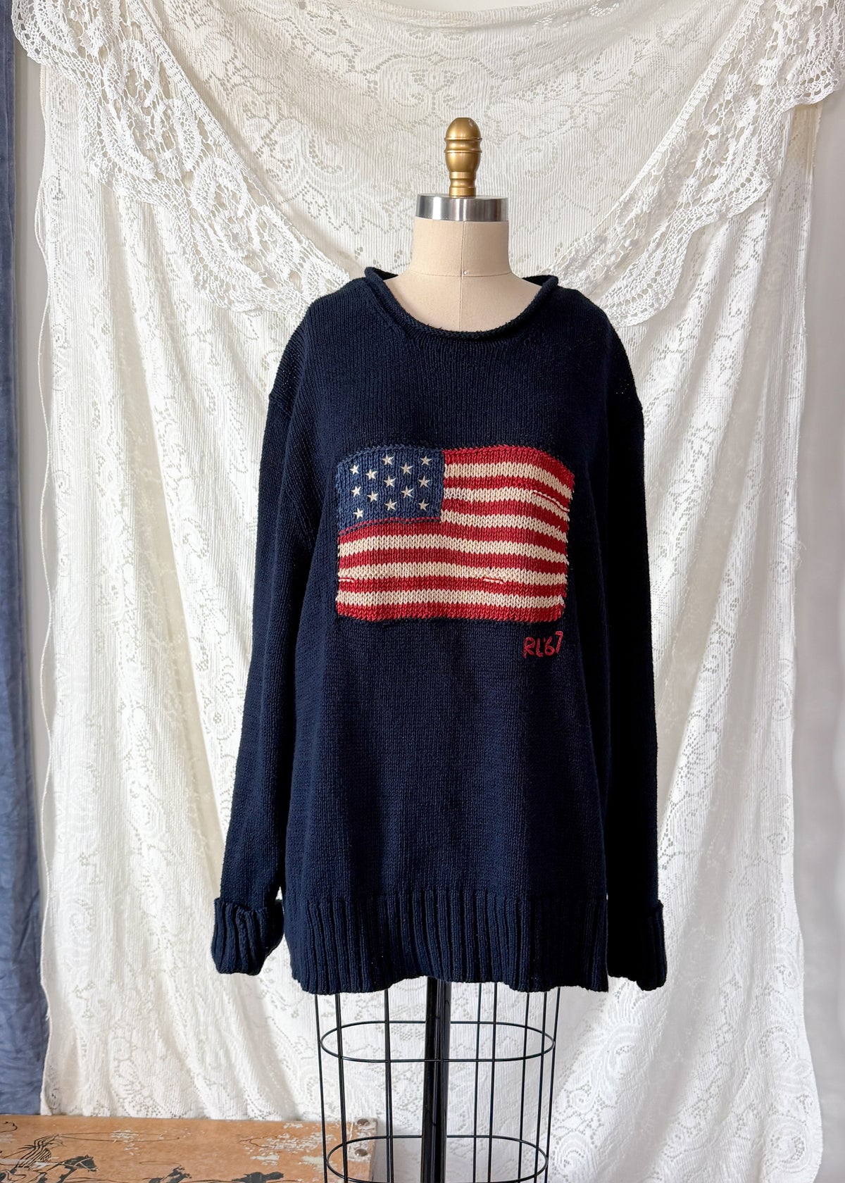 Vintage 00s Polo Ralph Lauren RL67 American Flag Linen Cotton Rolled Neck Sweater