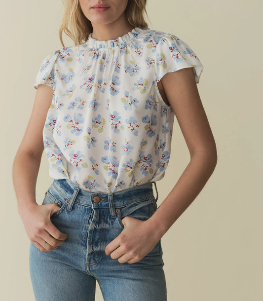 Doen Yvie Top Bleu Flocking Floral Print