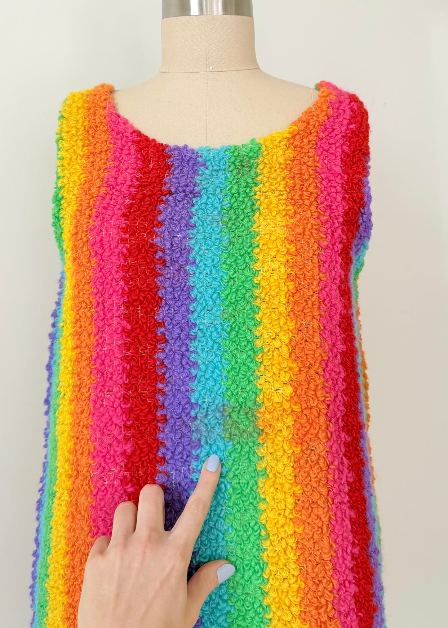 Vintage 60s Jack Winter Rainbow Crochet Mini Fringe Hem Dress (M)