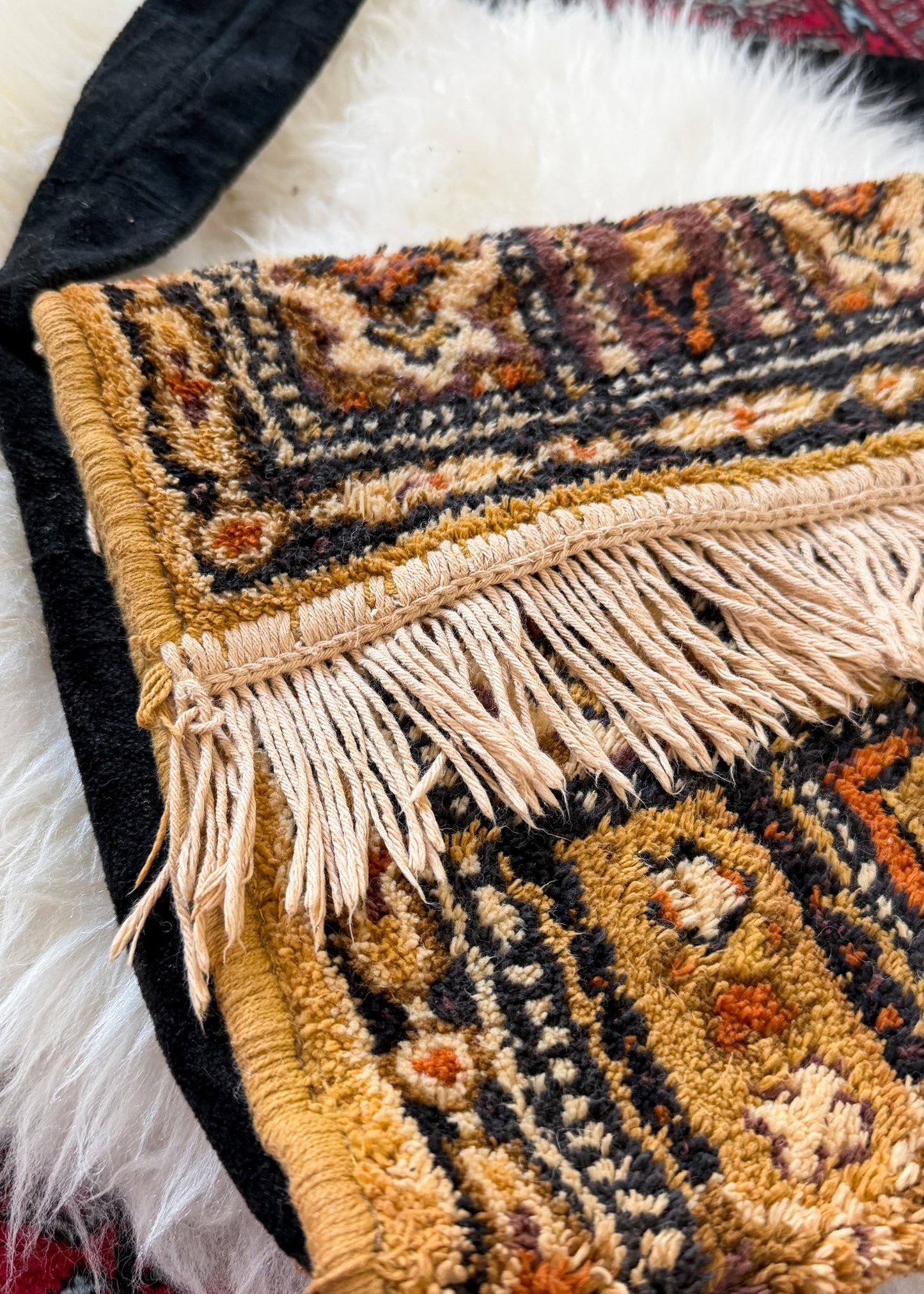 Vintage 70s Golden Yellow Brown Tapestry Fringe Trim Shoulder Purse