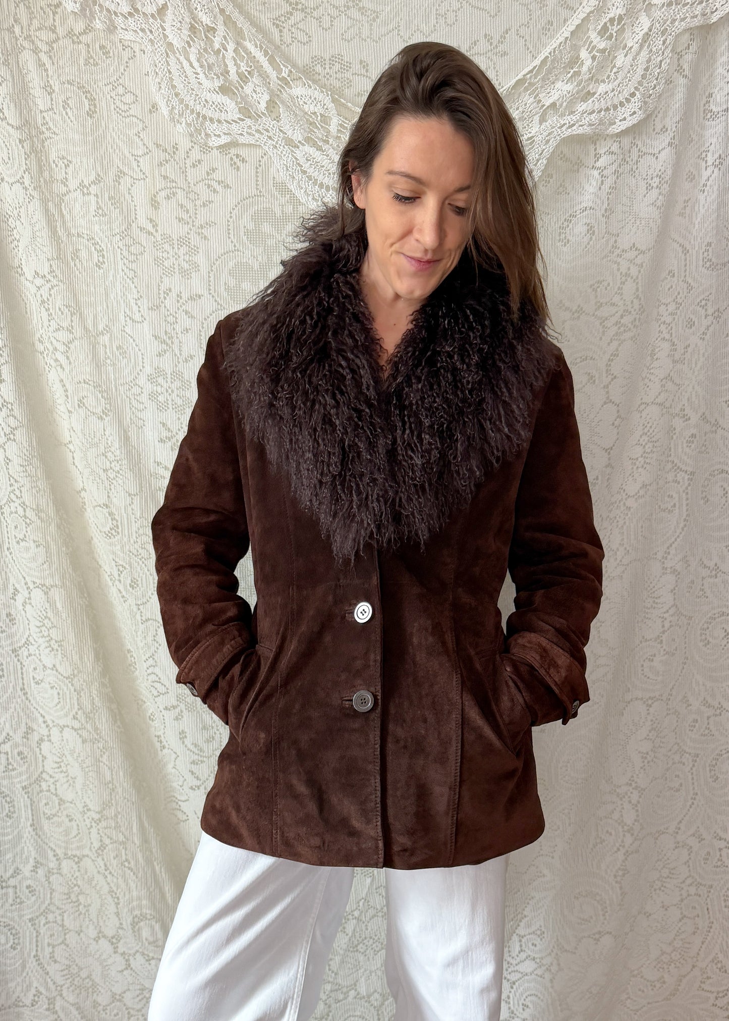 Vintage Chocolate Brown Suede Leather & Mongolian Lamb Fur Collar Penny Lane Coat (M)