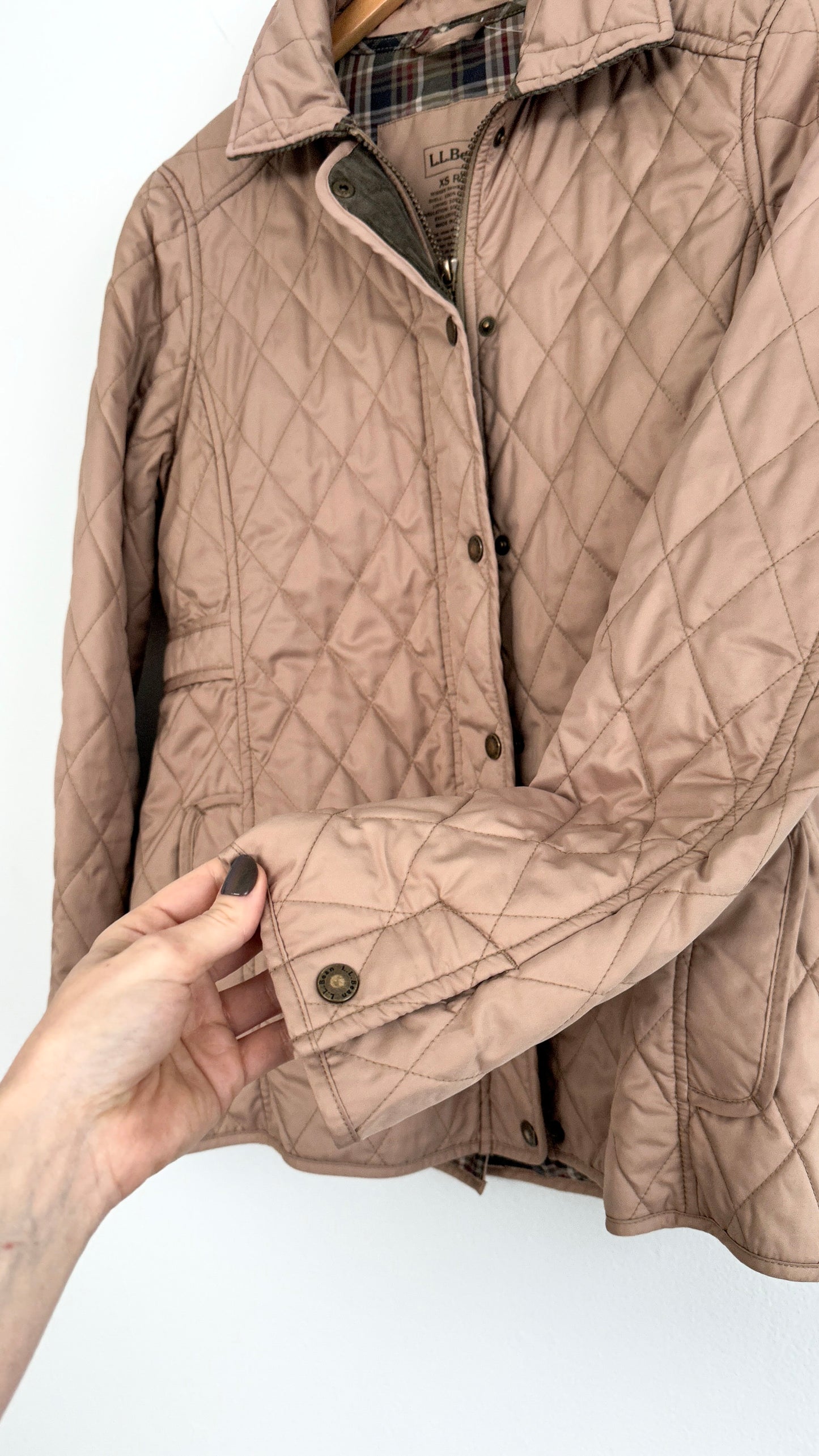 L.L. Bean Khaki Light Brown Quilted Green Corduroy Trim Riding Chore Jacket