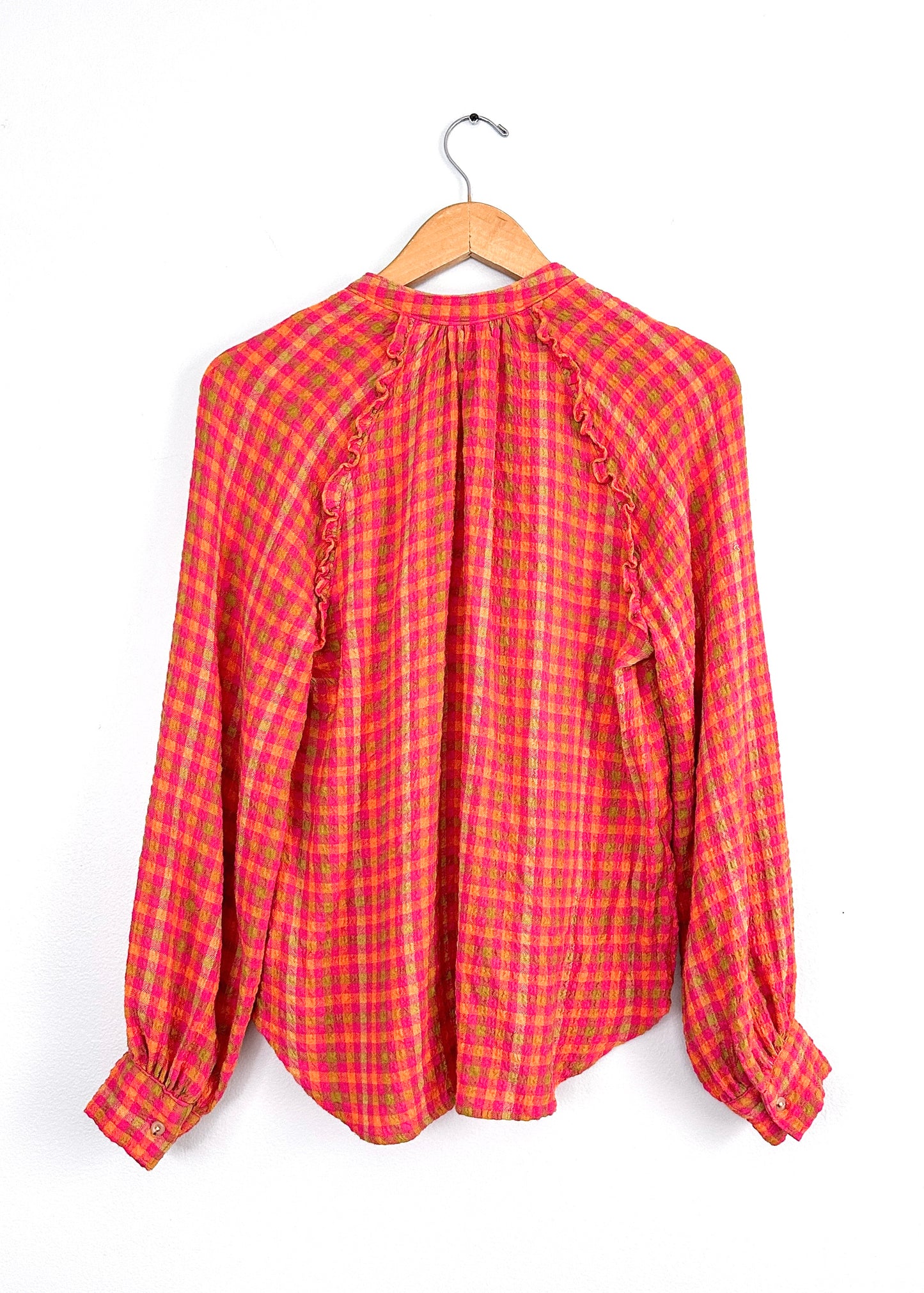 Anthropologie Pilcro Breezy Blouse in Pink Orange Green Gingham (S)