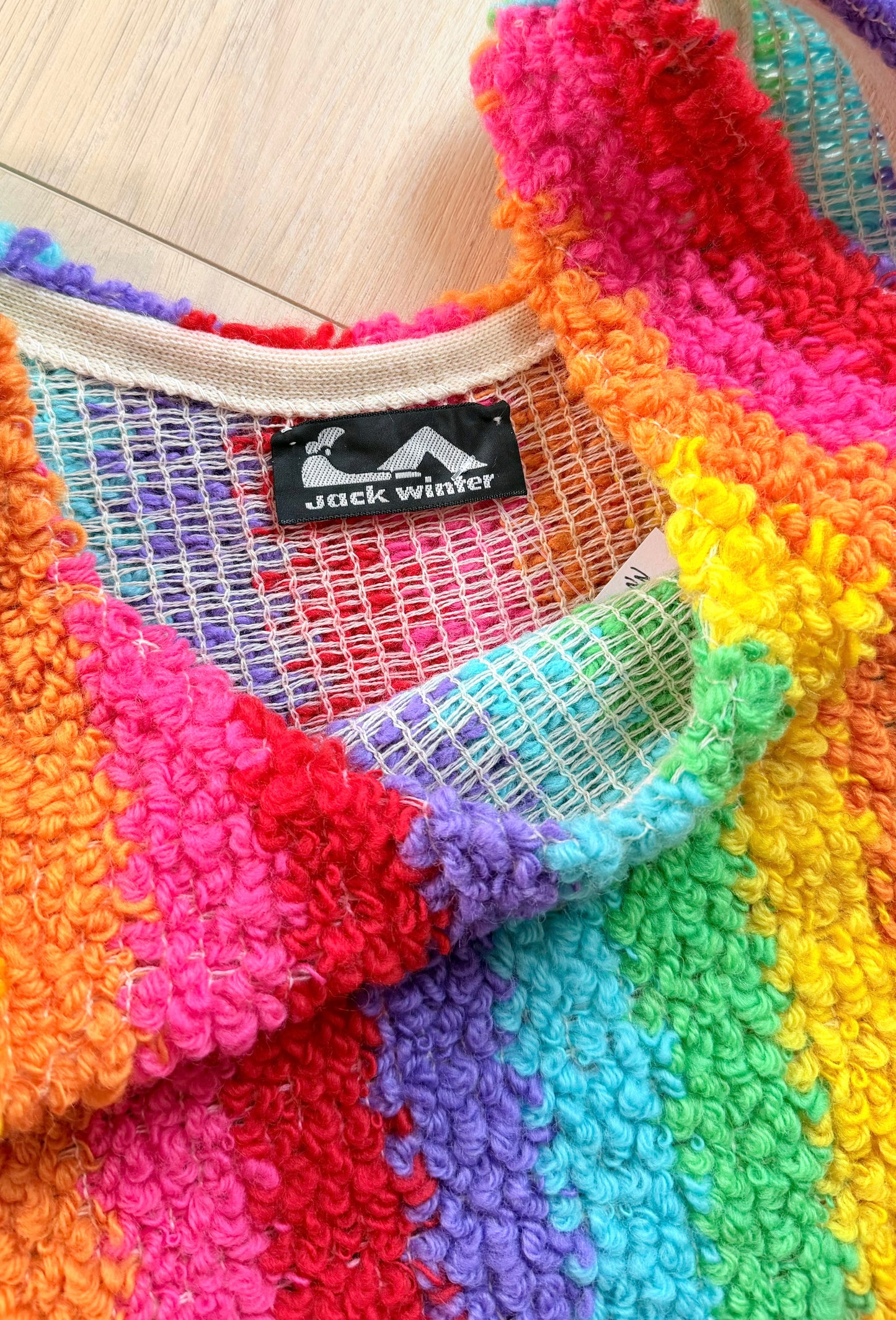 Vintage 60s Jack Winter Rainbow Crochet Mini Fringe Hem Dress (M)