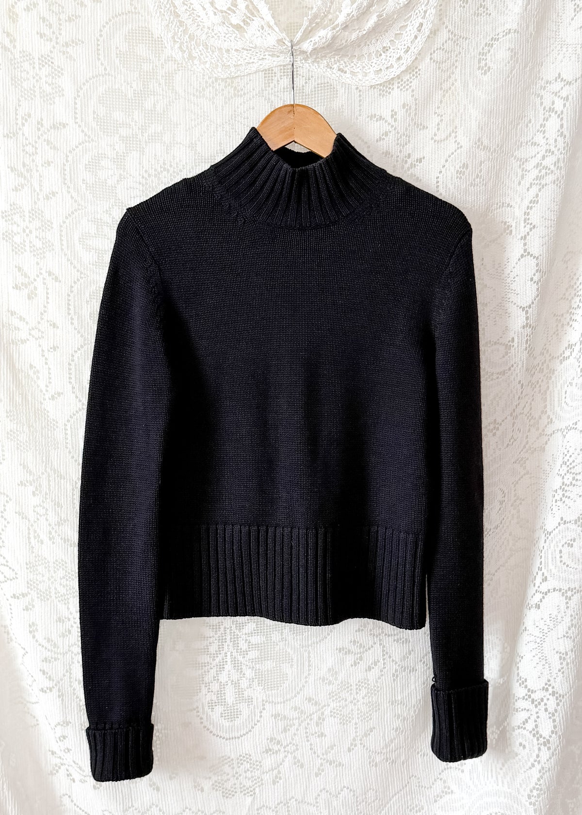 Vintage 00s Ann Taylor Black Italian Merino Wool Mock Neck Sweater (M)